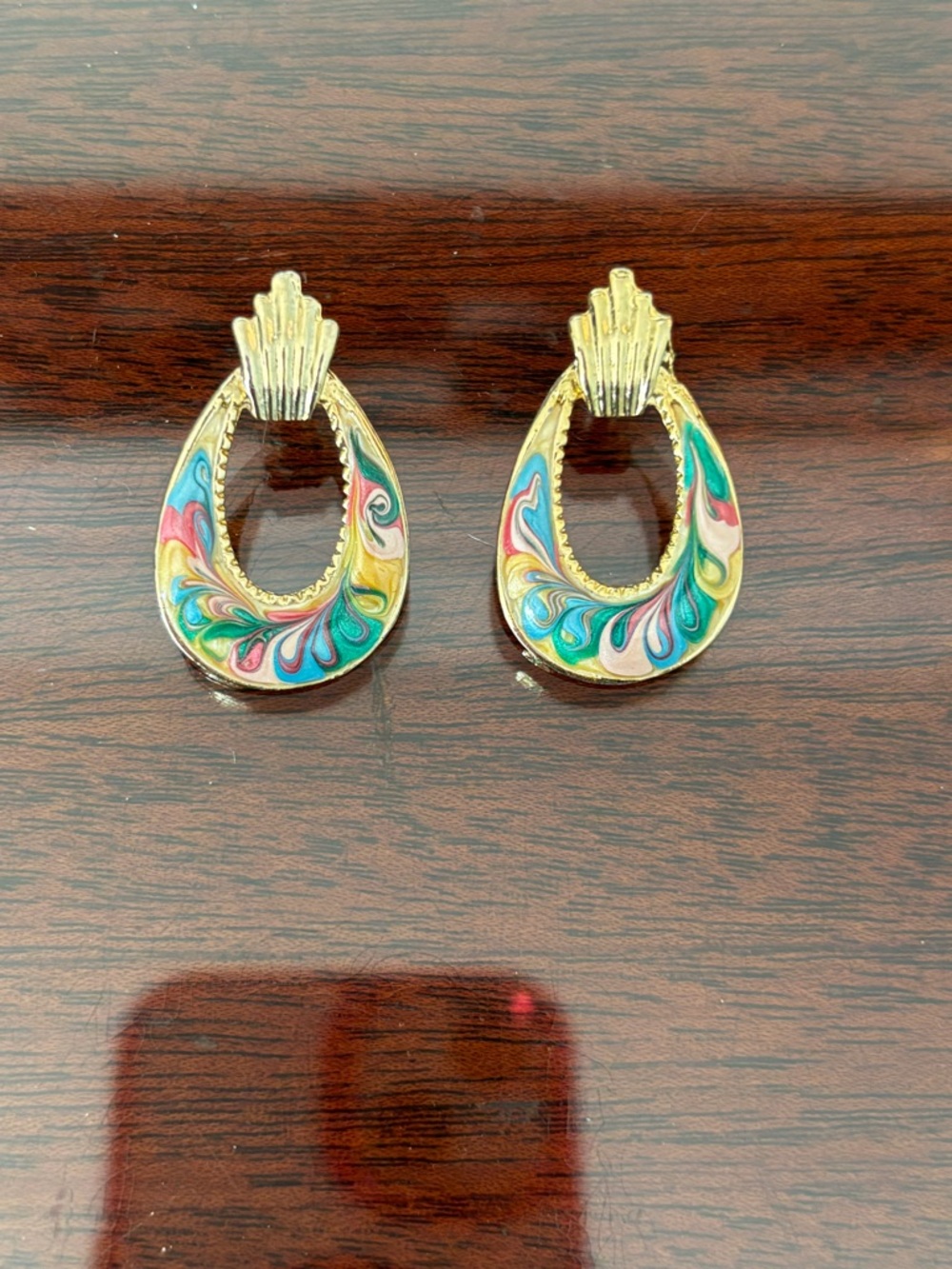 Vintage Gold Teardrop Earrings with Blue, Pink, Green & Yellow Enamel
